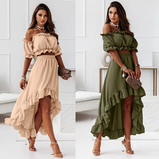 💃 Set van een off-shoulder crop top en een rok met hoge en lage zoom voor dames