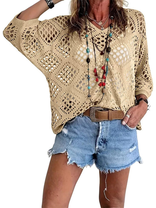 ⏰ 50% korting 🔥 Hot Sale - Dames top in bohemian stijl met beige haakwerk en V-hals