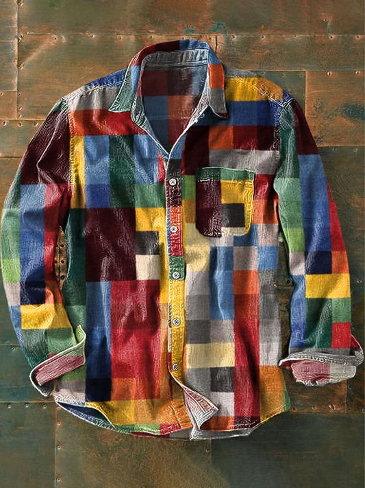 Uniseks Eenvoudig Regenboogkleuren Geruit Vintage Geprinte Kraag Lange Mouwen Zak Shirt