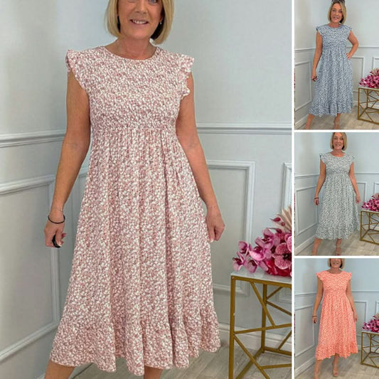 🔥Elegante damesjurk met bloemenpatroon, hoge taille en geplooide mouwen