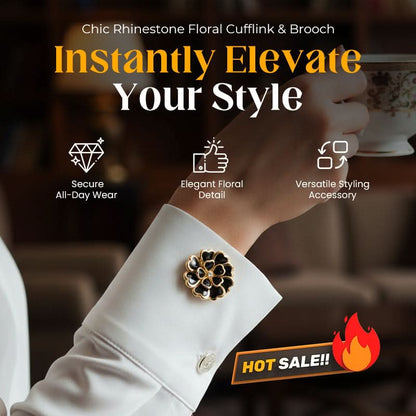 Chique manchetknopen en broche met strass-bloemmotief