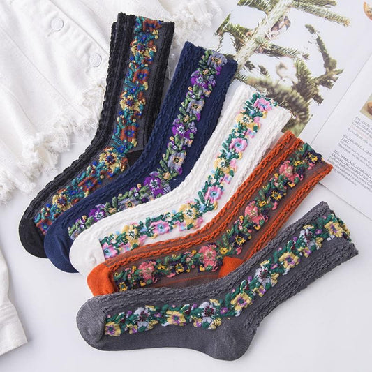 Retro hoge sokken™ | Unieke Geborduurde Bloemensokken