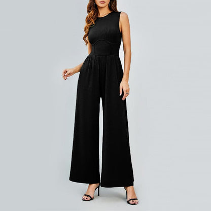 Mouwloze damesjumpsuit met wijde pijpen, effen kleur